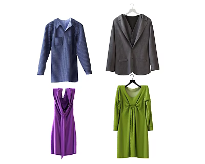 Stylish Women's Clothing Collection With Blue Shirt Gray Blazer Purple And Green Dresses 3d model
