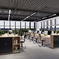 Modern Public Office Space With Open Layout Workstations Ceiling Lighting Large Windows And Green Plants 3d model