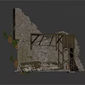 Ruined Stone Wall Structure Featuring Wooden Beams And Green Climbing Vines