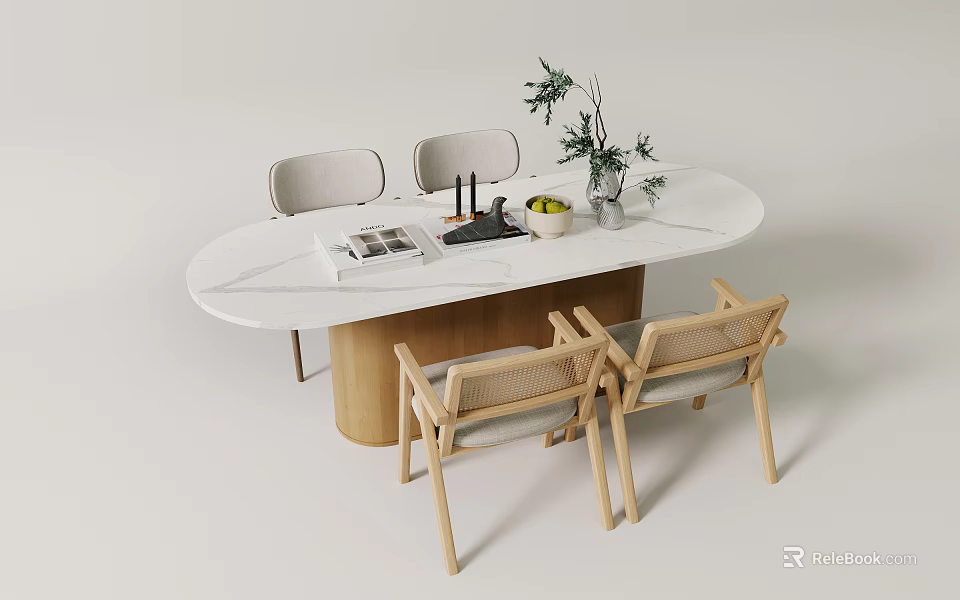 Modern Minimalist Oval White Dining Table With Wooden Woven Chairs Magazine Green Plant And Fruits 3d model 
