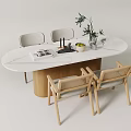 Modern Minimalist Oval White Dining Table With Wooden Woven Chairs Magazine Green Plant And Fruits