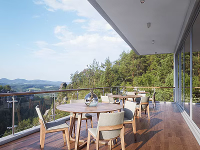 Home Balcony Featuring Wooden Flooring Glass Railing Mountain View Green Trees Round Table Light Chairs 3d model