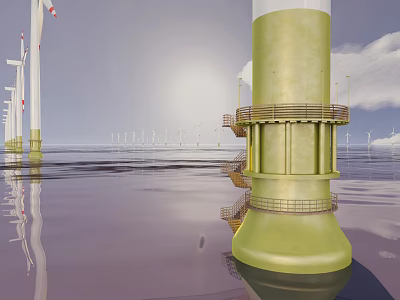 Green Wind Turbine Tower Structure With Water Surface And Surrounding Wind Turbines 3d model
