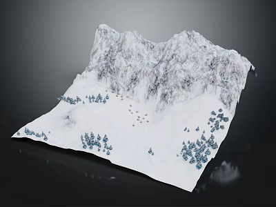 Natural Garden Landscape Design With Snowy Mountains And Pine Trees On Snowy Ground 3d model