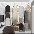 Elegant Gold Frame Room Divider With Various Shaped Marble Glass Panels In Modern Living Room