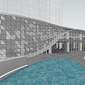Modern Sales Center Building with Curved Metal Facade Glass Curtain Wall and Water Reflection