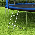 Outdoor Trampoline With Blue Frame Black Mat Ladder Orange Ball Basketball Hoop On Green Lawn