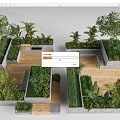 Lush Green Plants In Modern Garden Design With Wooden Platforms And Concrete Planters