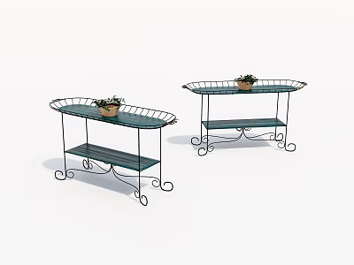Indoor Metal Decorative Shelving Units Featuring Two Tiered Design And Potted Plants 3d model