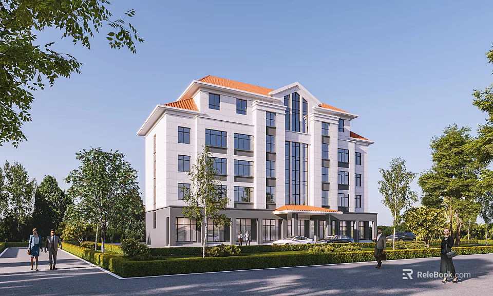 Modern Multi Storey Office Building With Orange Roof Large Windows And Green Lawn Area 3d model 