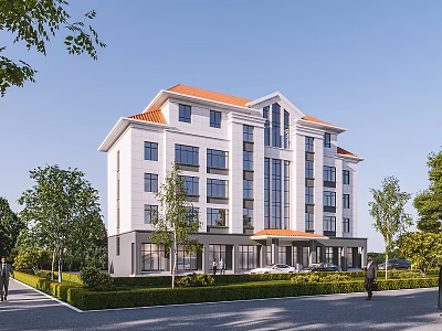 Modern Multi Storey Office Building With Orange Roof Large Windows And Green Lawn Area 3d model