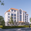 Modern Multi Storey Office Building With Orange Roof Large Windows And Green Lawn Area