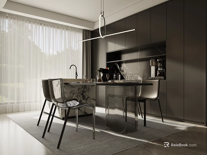 Modern Restaurant Interior With Open Design Dining Table Chairs And Pendant Lights 3d model