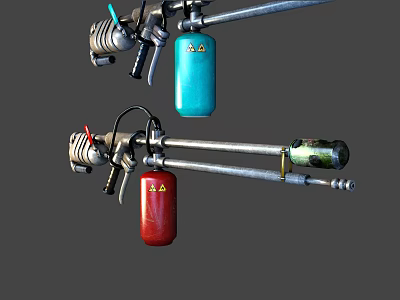 Industrial Spray Gun Equipment With Blue Red Air Cylinders And Metal Pipes 3d model