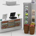 Retail Store Reception Counter With Computer Cash Register Fruit Baskets And Beverage Refrigerator 3d model