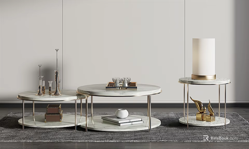 Elegant Modern Round Marble Coffee Table With Metal Base And Decorative Items 3d model