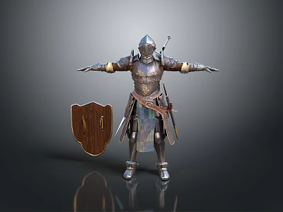 Decorative Medieval Knight Armor Figurine With Wooden Shield And Intricate Design For Home Decor 3d model