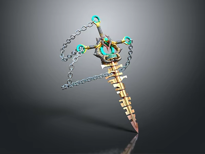 Fantasy Golden Sword With Green Gemstones And Decorative Chain Details 3d model