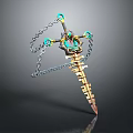 Fantasy Golden Sword With Green Gemstones And Decorative Chain Details