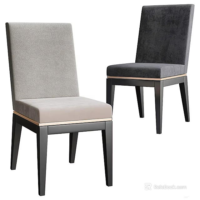 Two Modern Upholstered Dining Chairs With Light Gray Dark Gray Colors And Black Wooden Legs 3d model 