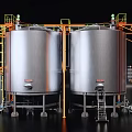 Large Industrial Storage Tanks With Orange Metal Frames Ladders And Pipes For Industry