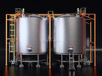 Large Industrial Storage Tanks With Orange Metal Frames Ladders And Pipes For Industry 3d model