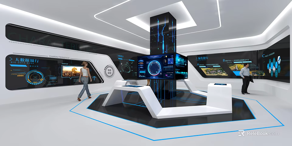 Hi Tech Exhibition Hall With Modern Booth Interactive Screens And Digital Information Displays 3d model 