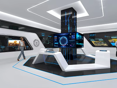 Hi Tech Exhibition Hall With Modern Booth Interactive Screens And Digital Information Displays 3d model