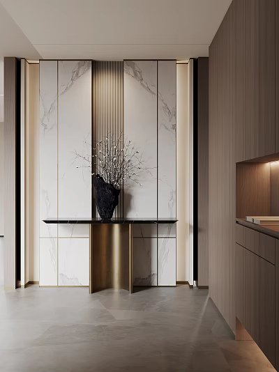 Elegant Modern Foyer Hallway With Marble Walls Gold Trim Console Table And Decorative Branches 3d model