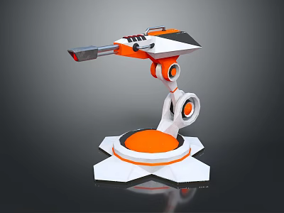Modern Orange And White Mechanical Device With Robotic Arm Structure And Reflective Base 3d model