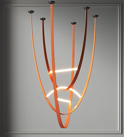 Contemporary Orange Ribbon Chandelier With White Light Strips For Modern Spaces 3d model