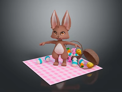 Cute Brown Rabbit Standing On Pink Plaid Mat With Basket Of Scattered Easter Eggs 3d model