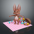 Cute Brown Rabbit Standing On Pink Plaid Mat With Basket Of Scattered Easter Eggs