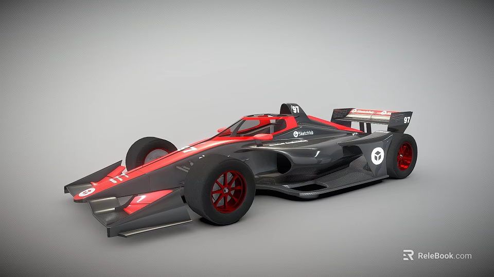 Black and Red Streamlined Race Car with Red Wheels and Number 5 on Gray Background 3d model 