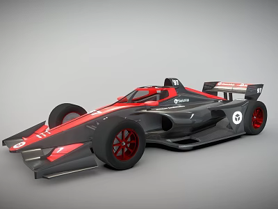 Black and Red Streamlined Race Car with Red Wheels and Number 5 on Gray Background 3d model