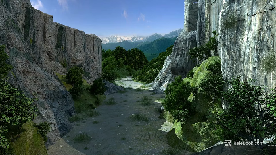Scenic Canyon Landscape With Rocky Cliffs Lush Trees Distant Snow Capped Mountains And Blue Sky 3d model 