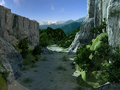 Scenic Canyon Landscape With Rocky Cliffs Lush Trees Distant Snow Capped Mountains And Blue Sky 3d model