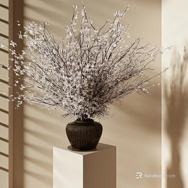 Beautiful White Flowering Branches In Dark Brown Ribbed Vase On White Pedestal With Soft Light 3d model 