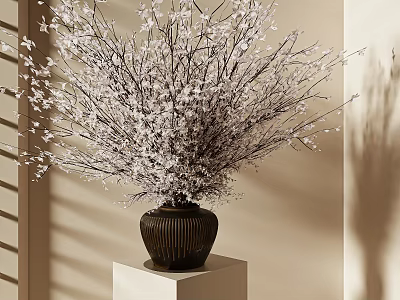 Beautiful White Flowering Branches In Dark Brown Ribbed Vase On White Pedestal With Soft Light 3d model