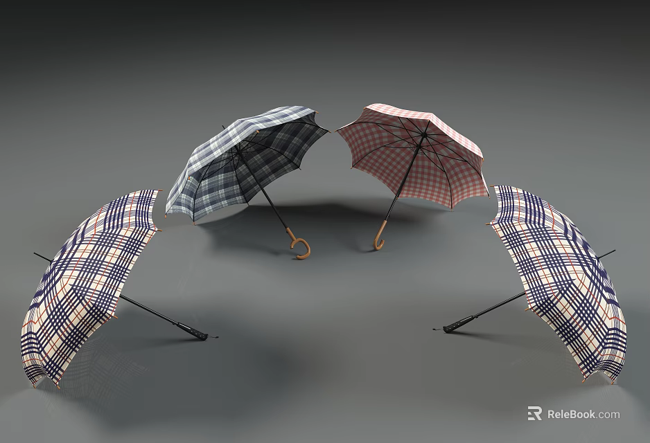 Colorful Plaid Pattern Umbrellas With Wooden Handles Symmetrical Arrangement For Daily Use 3d model 