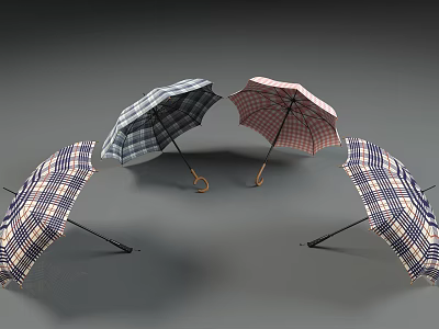 Colorful Plaid Pattern Umbrellas With Wooden Handles Symmetrical Arrangement For Daily Use 3d model
