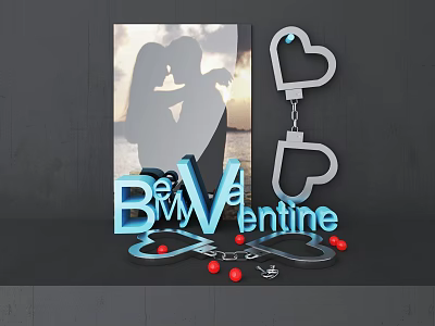Romantic Decorative Ornament Set With Couple Photo Heart Shaped Decor And Be My Valentine Lettering 3d model