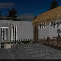 Thatched Roof Cottage Outdoor Zen Courtyard With Wooden Structure And Night Lighting
