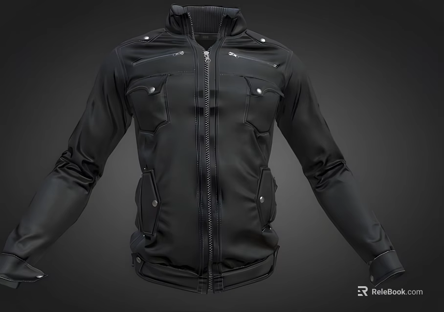 Stylish Black Jacket With Zipper Stand Collar And Multiple Pockets Design 3d model 