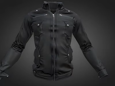 Stylish Black Jacket With Zipper Stand Collar And Multiple Pockets Design 3d model