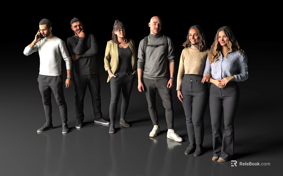 Group of People Standing Together With One on Phone in Casual Clothing and Different Poses 3d model 
