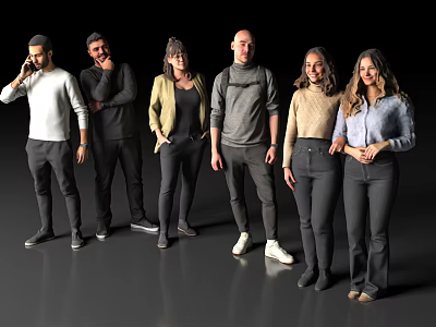 Group of People Standing Together With One on Phone in Casual Clothing and Different Poses 3d model