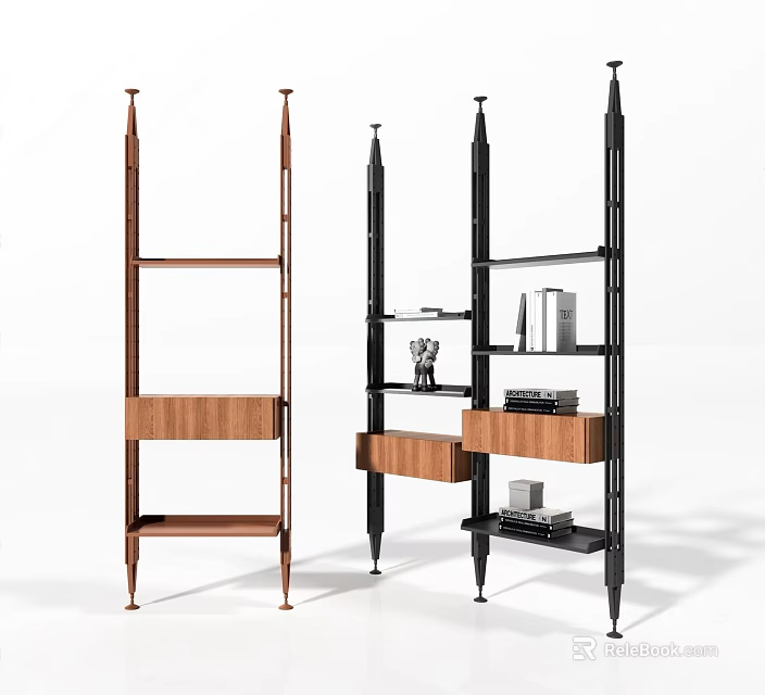Modern Bookcase Design With Wooden Shelves Metal Frames And Open Storage Space 3d model 