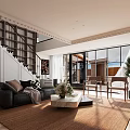 Modern Loft Living Room Interior With Sofa Dining Area And Greenery 3d model