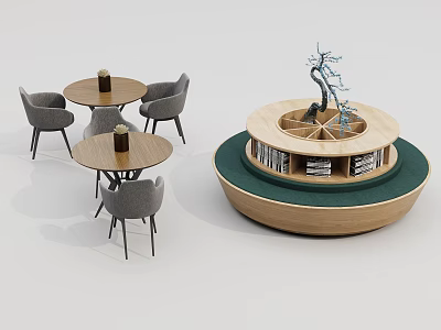 Round Wooden Table And Chair Set With Grey Chairs Green Plant And Bookshelf Decor 3d model